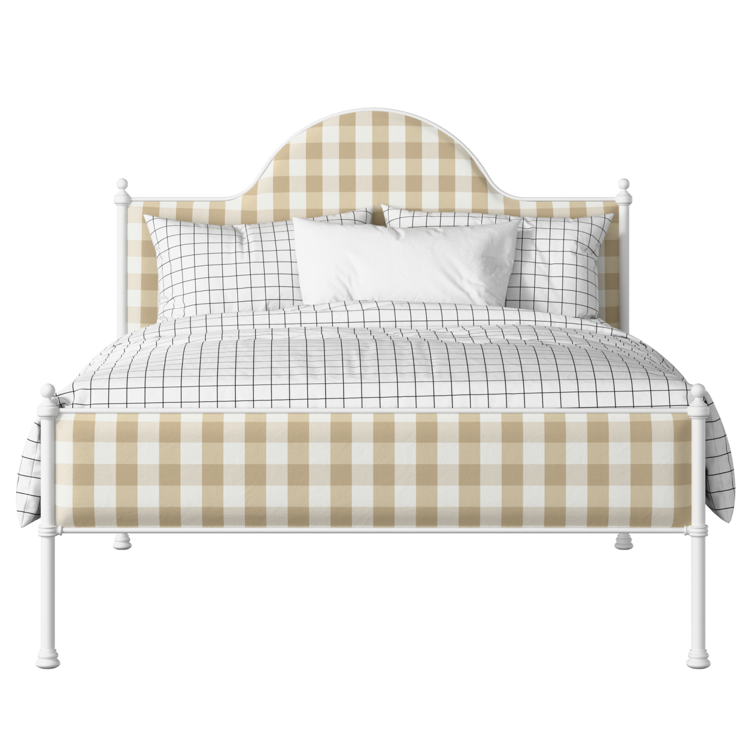 Albert Slim iron/metal upholstered bed in white with Romo Kemble Putty fabric