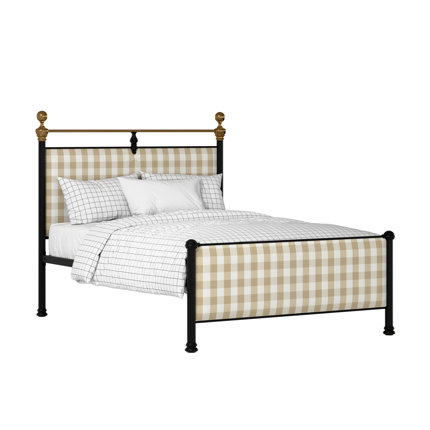 Bastille iron/metal upholstered bed in black with Romo Kemble Putty fabric