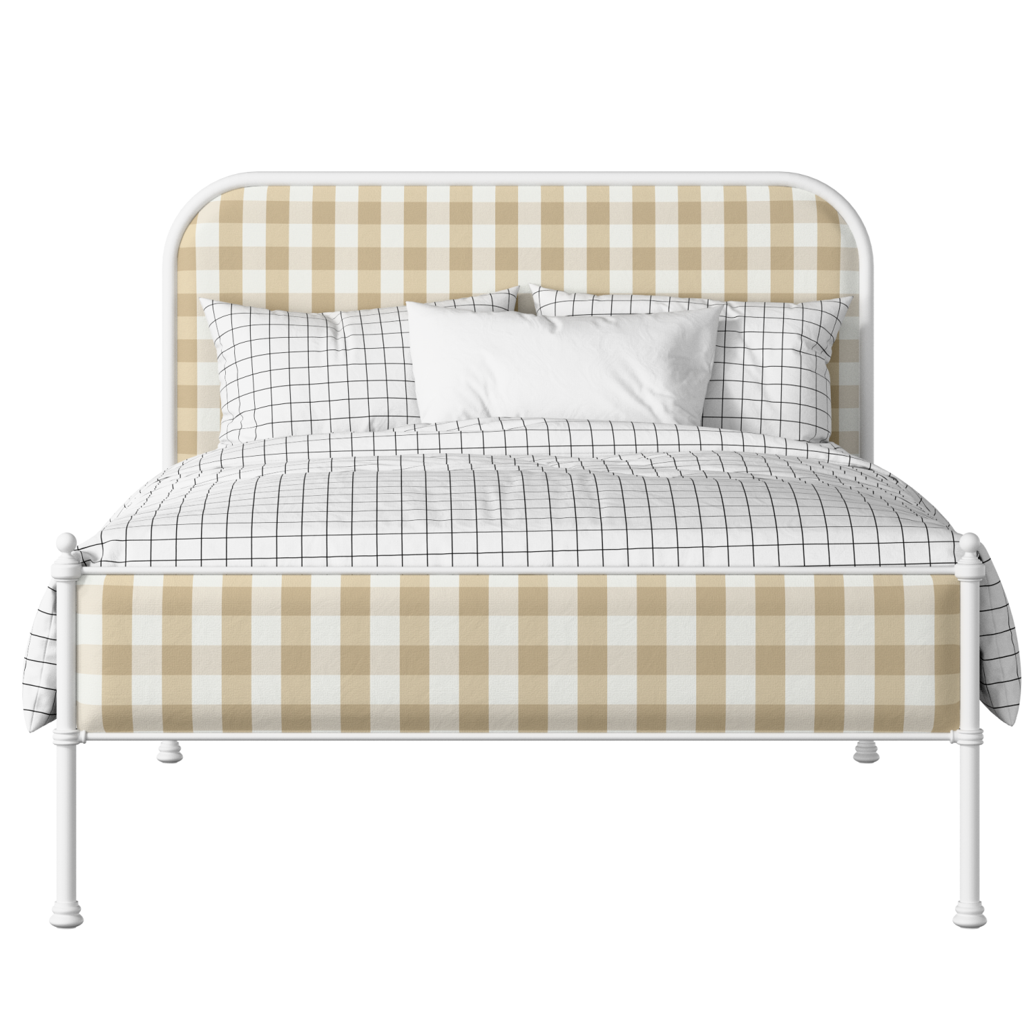 Bray Slim iron/metal upholstered bed in white with Romo Kemble Putty fabric