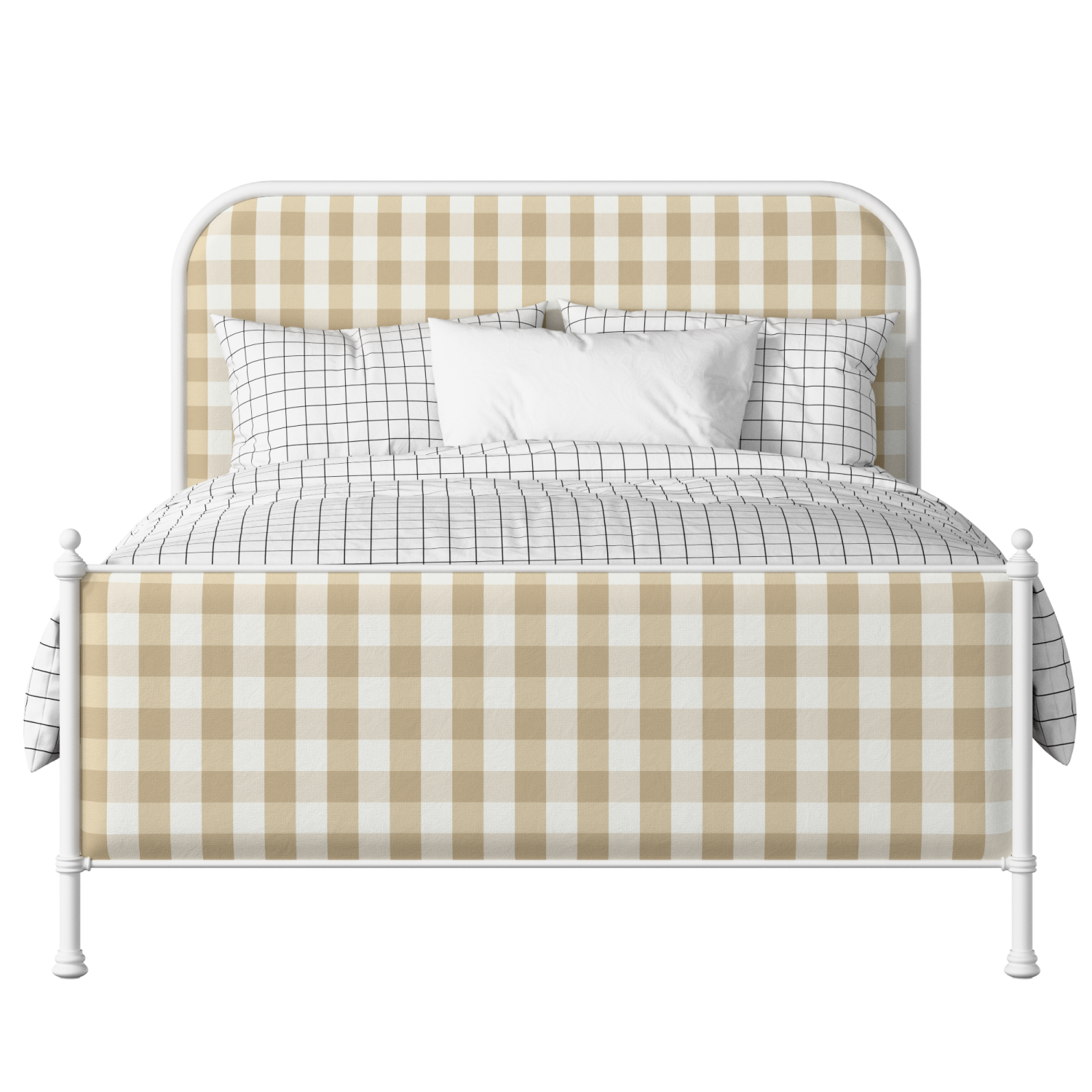 Bray iron/metal upholstered bed in white with Romo Kemble Putty fabric
