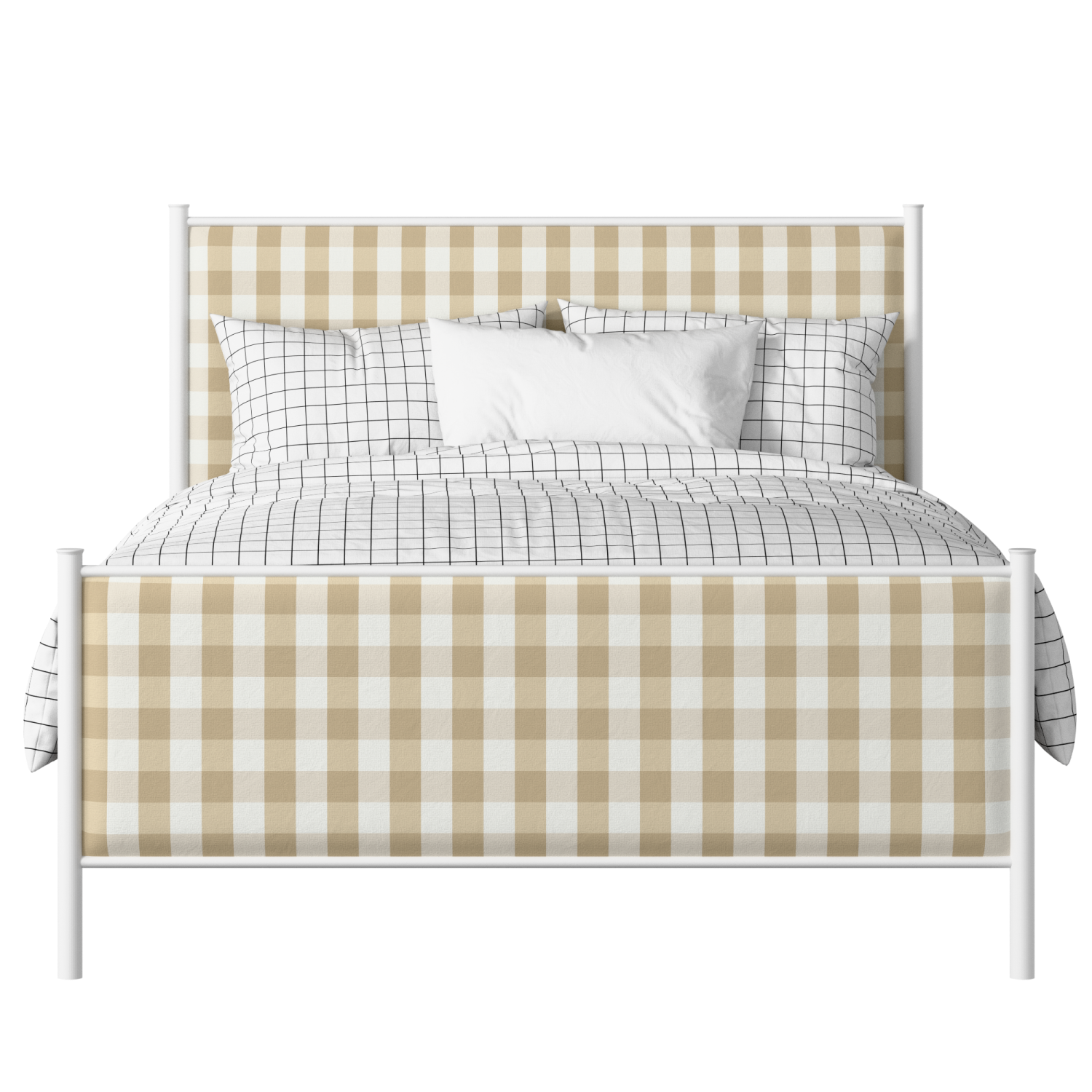 Brest iron/metal upholstered bed in white with Romo Kemble Putty fabric