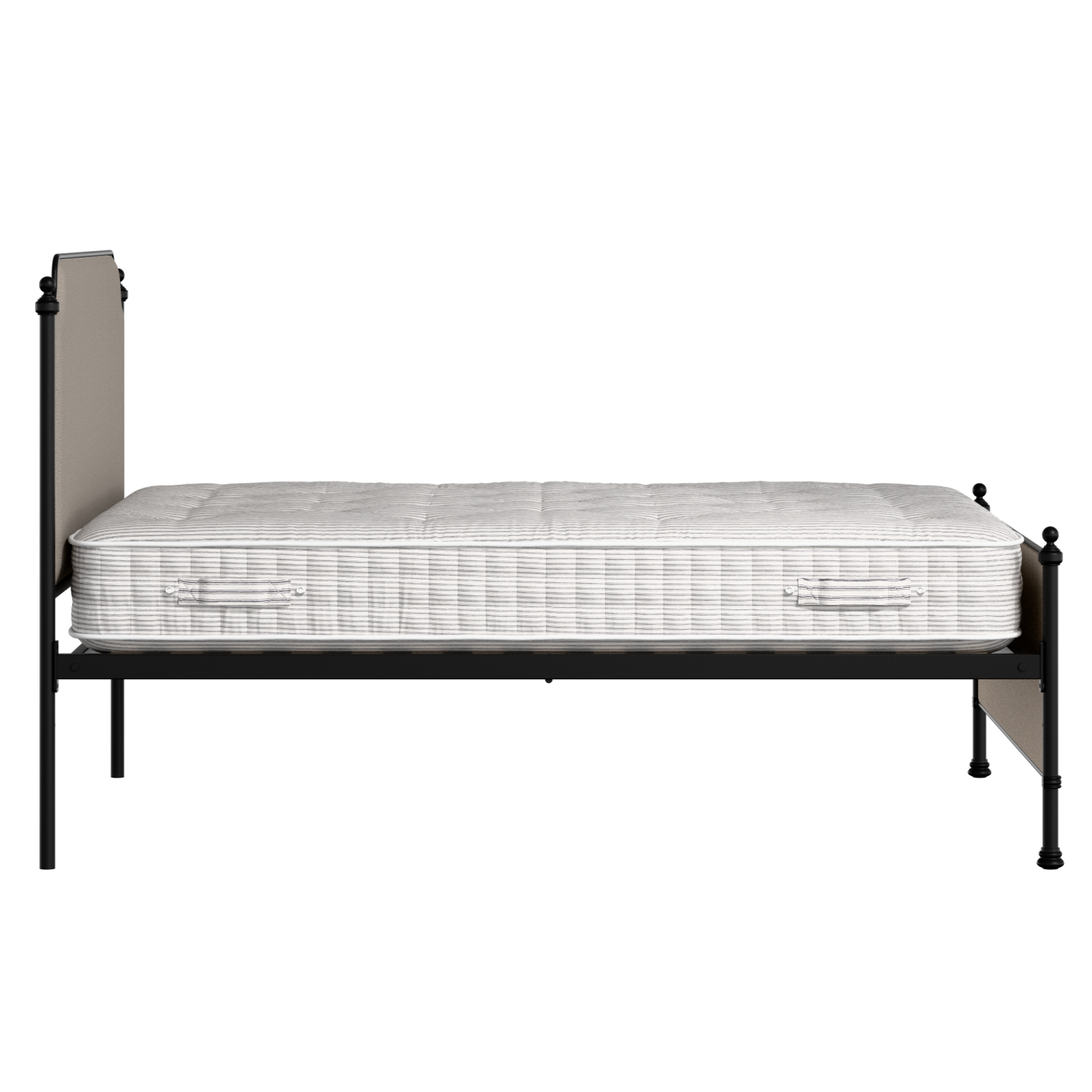 Miranda iron/metal upholstered bed in black with storm grey fabric