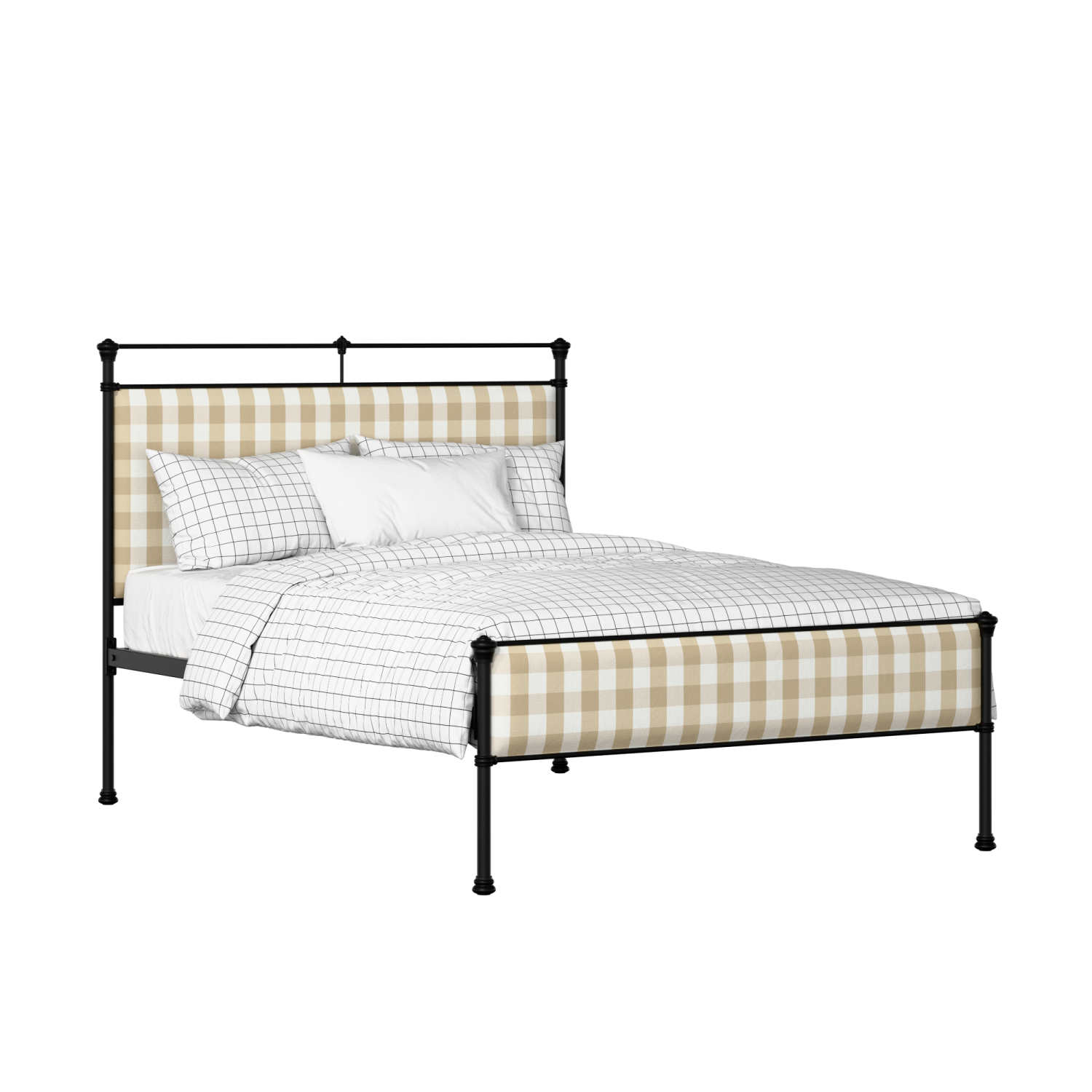 Nancy Slim iron/metal upholstered bed in black with Romo Kemble Putty fabric