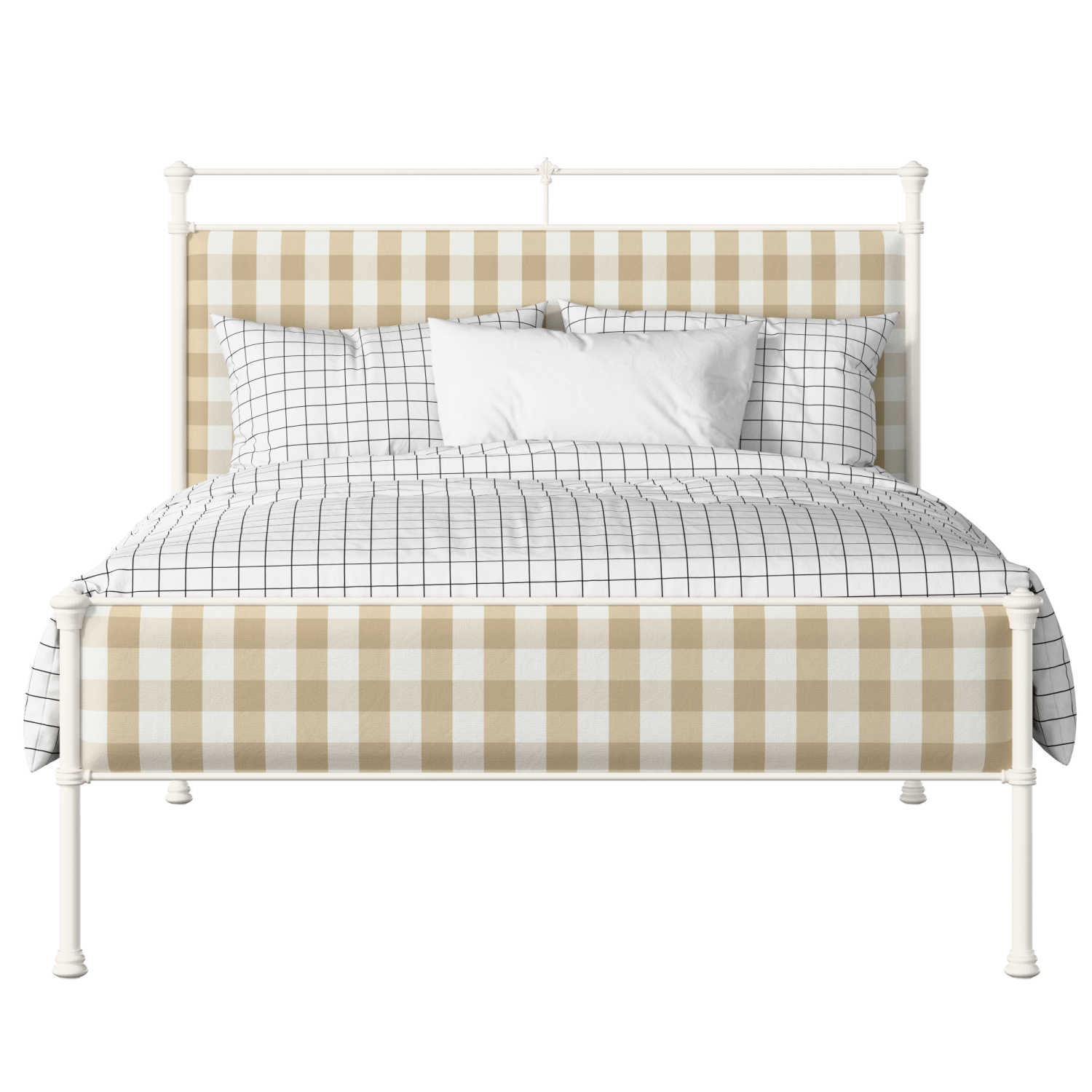 Nancy Slim iron/metal upholstered bed in ivory with Romo Kemble Putty fabric