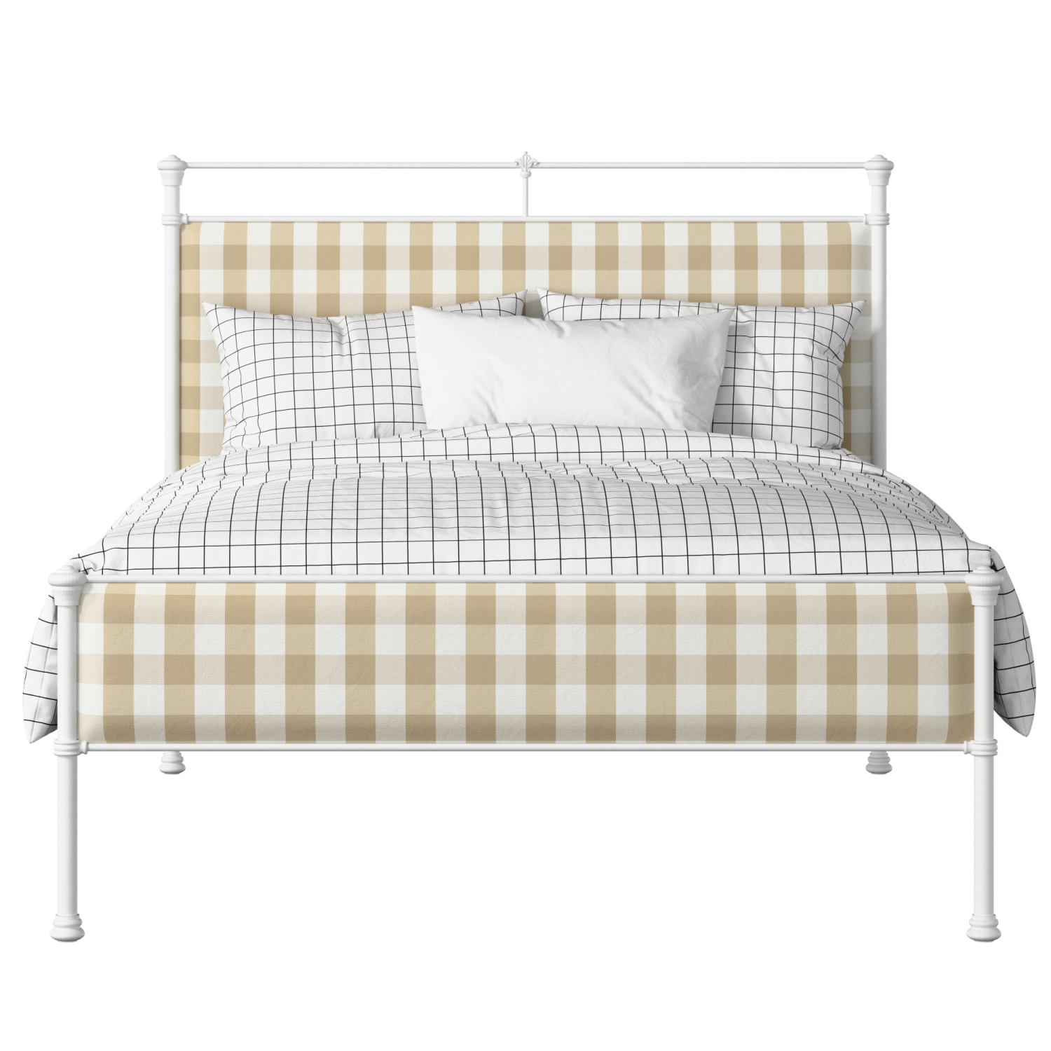 Nancy Slim iron/metal upholstered bed in white with Romo Kemble Putty fabric