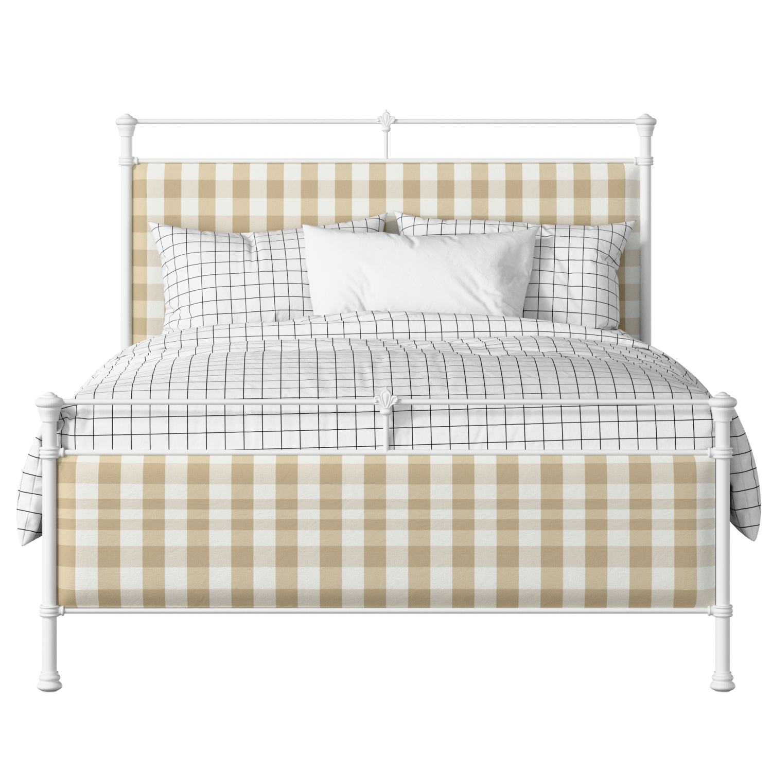 Nancy iron/metal upholstered bed in white with Romo Kemble Putty fabric