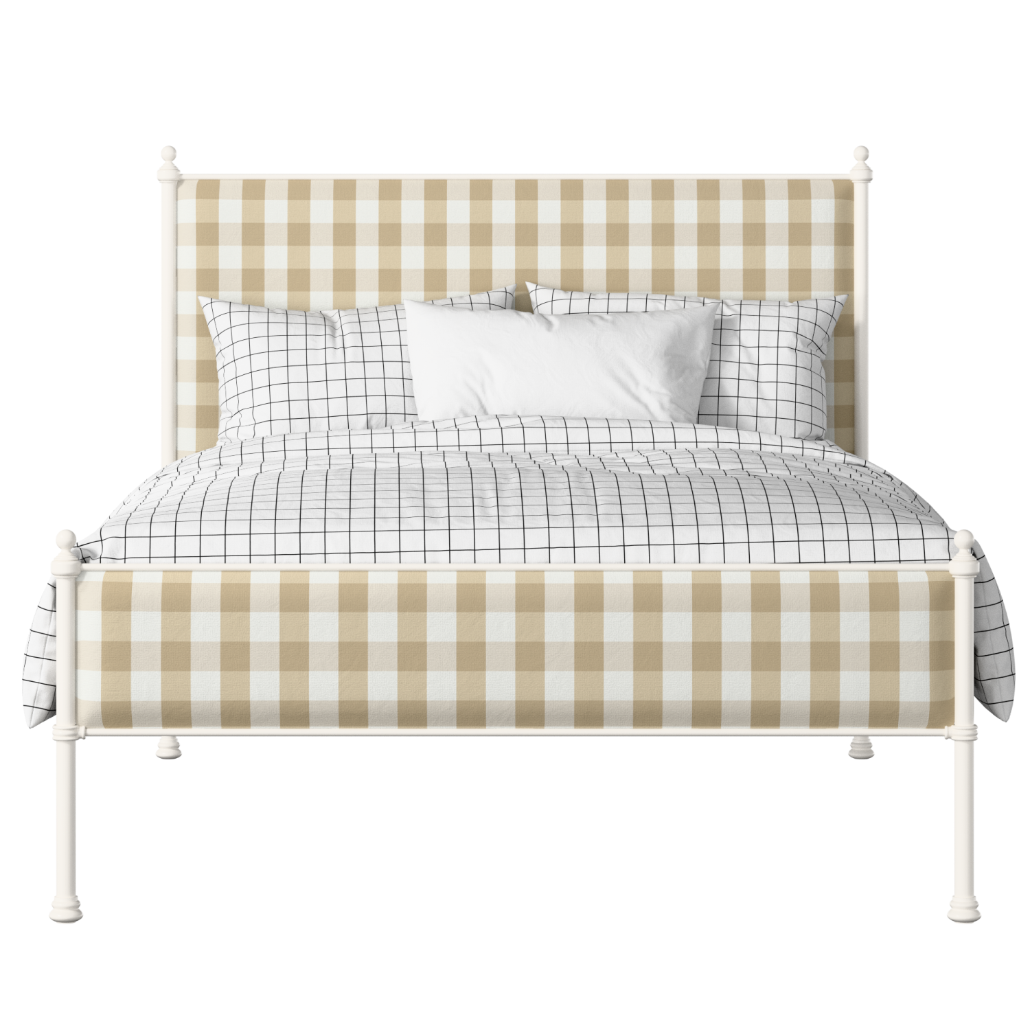 Neville Slim iron/metal upholstered bed in ivory with Romo Kemble Putty fabric