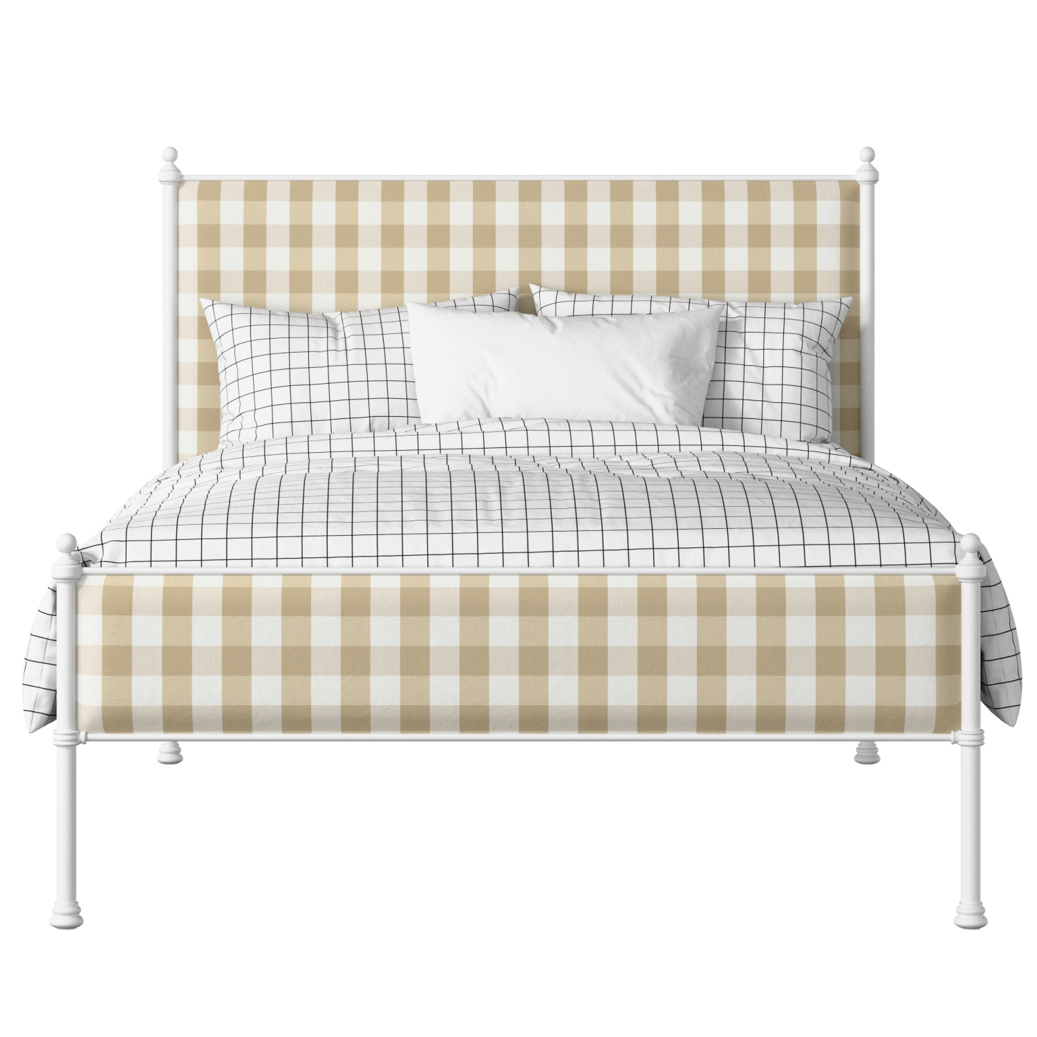Neville Slim iron/metal upholstered bed in white with Romo Kemble Putty fabric