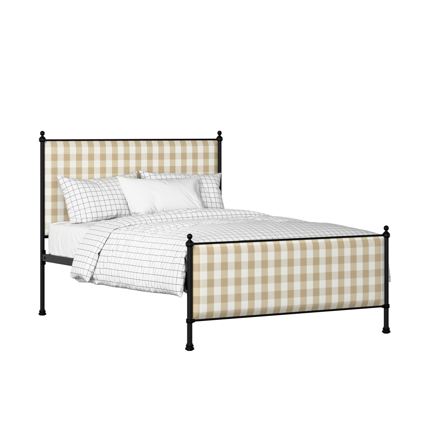 Neville iron/metal upholstered bed in black with Romo Kemble Putty fabric