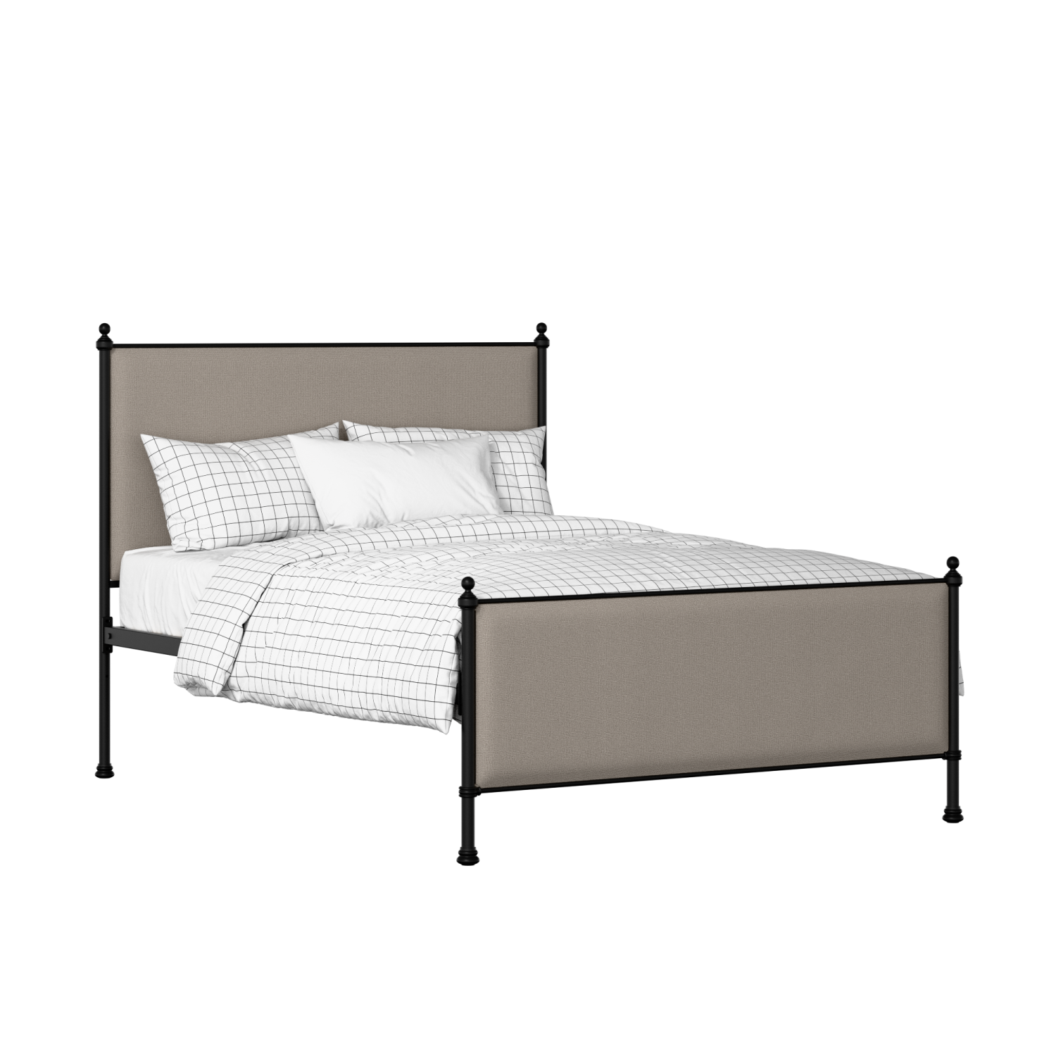 Neville iron/metal upholstered bed in black with storm grey fabric