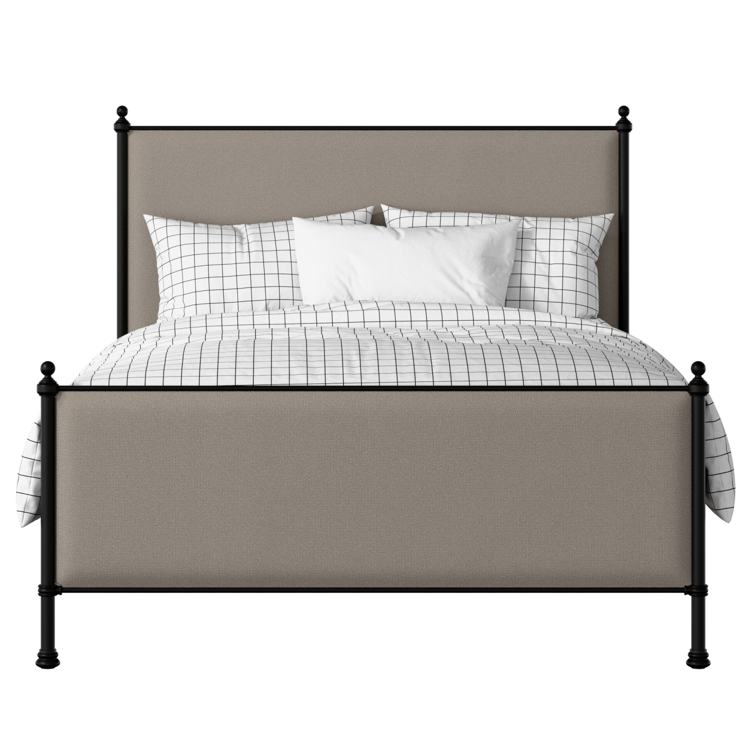 Neville iron/metal upholstered bed in black with storm grey fabric