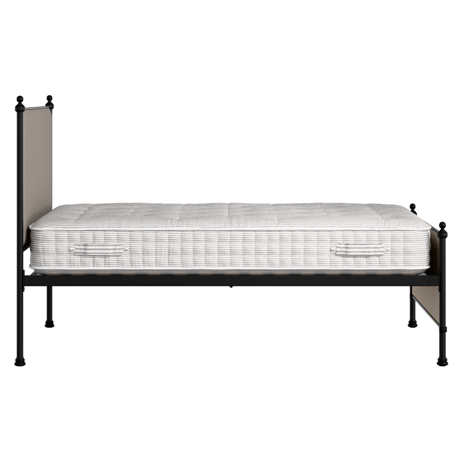 Neville iron/metal upholstered bed in black with storm grey fabric