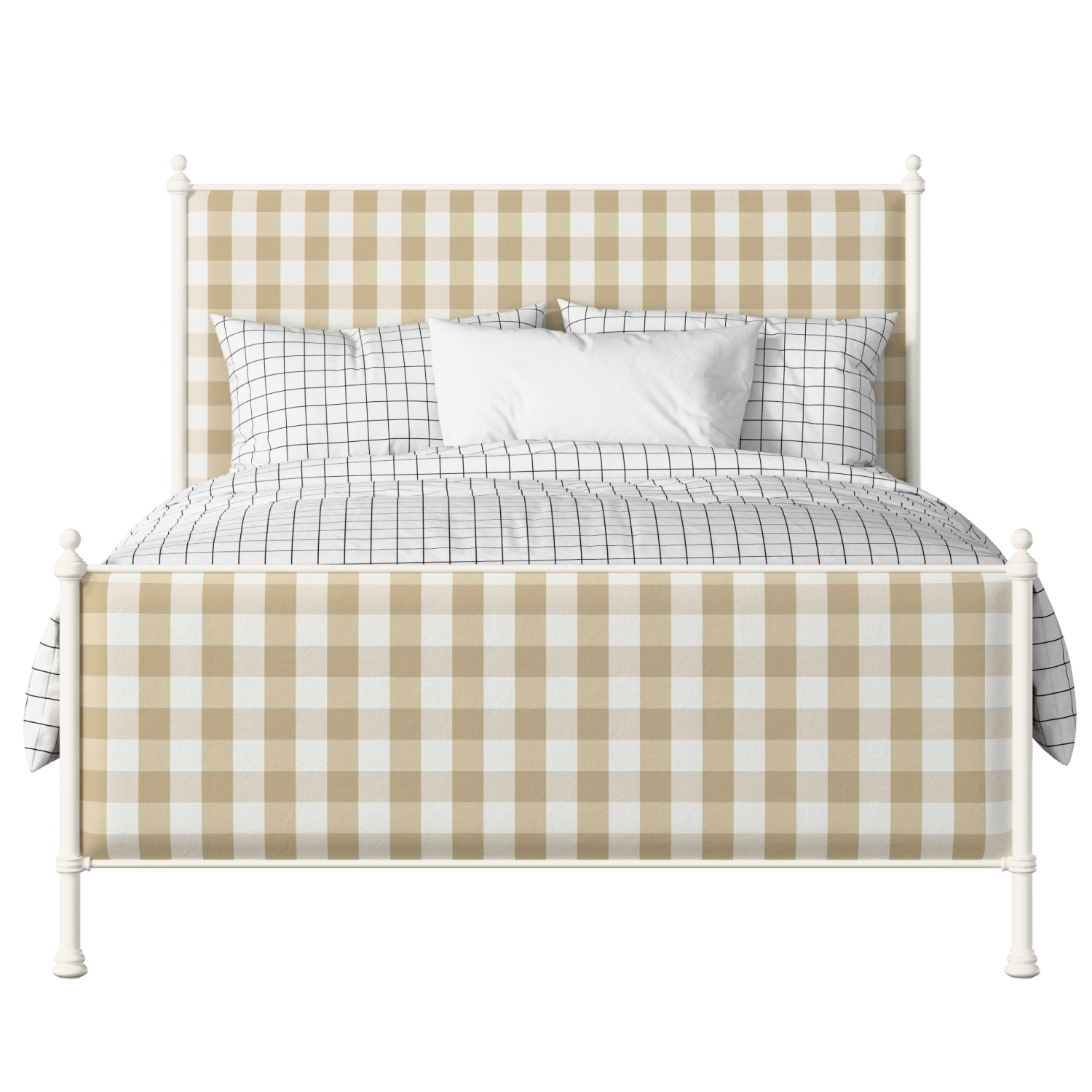 Neville iron/metal upholstered bed in ivory with Romo Kemble Putty fabric