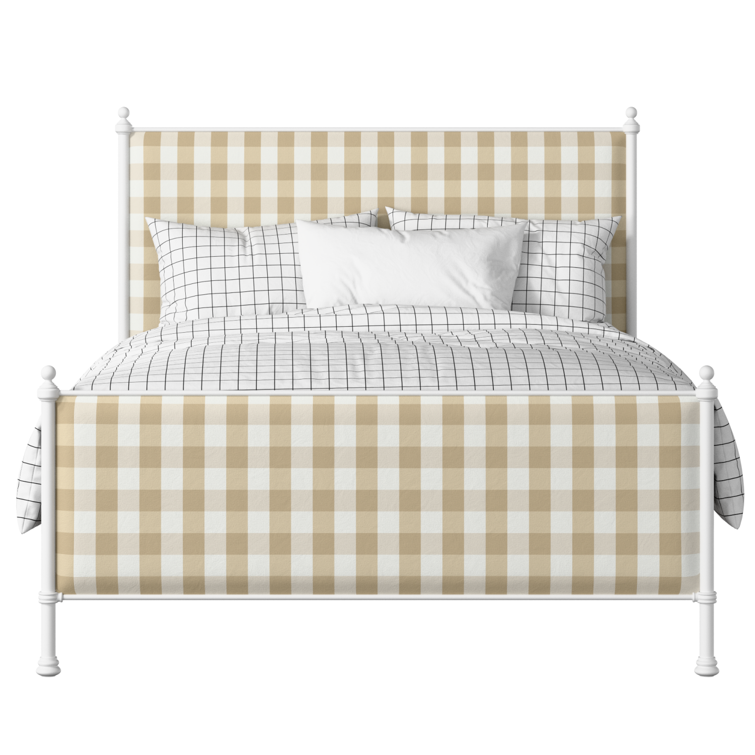 Neville iron/metal upholstered bed in white with Romo Kemble Putty fabric