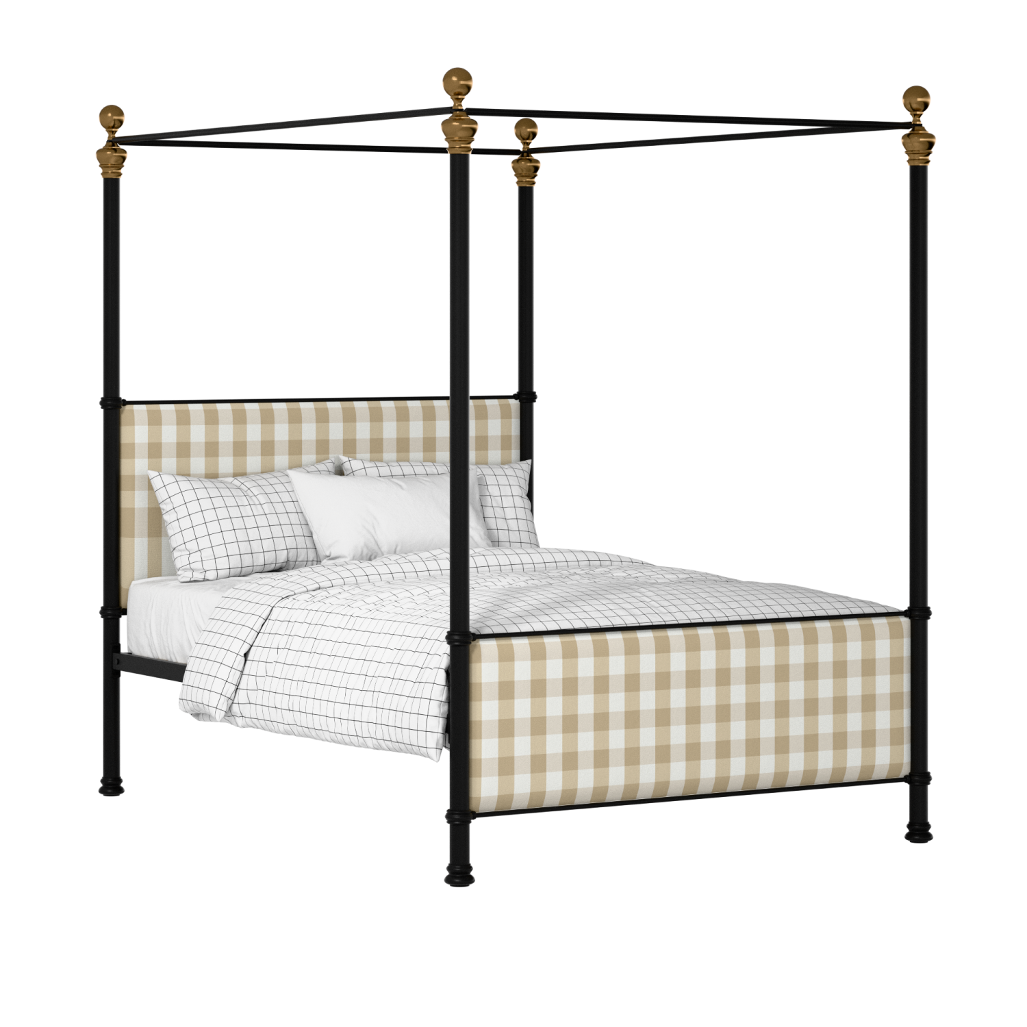 Riviere iron/metal upholstered bed in black with Romo Kemble Putty fabric