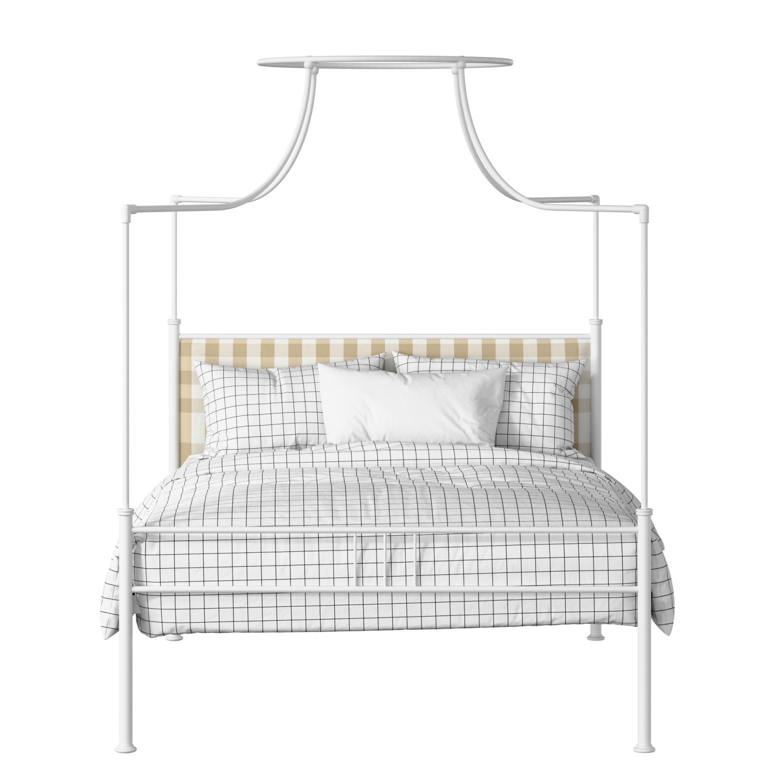 Waterloo Zero iron/metal upholstered bed in white with Romo Kemble Putty fabric