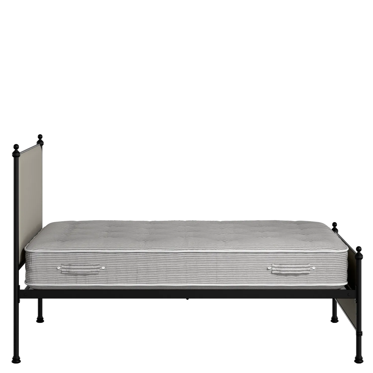 Neville iron/metal upholstered bed in black with Silver fabric